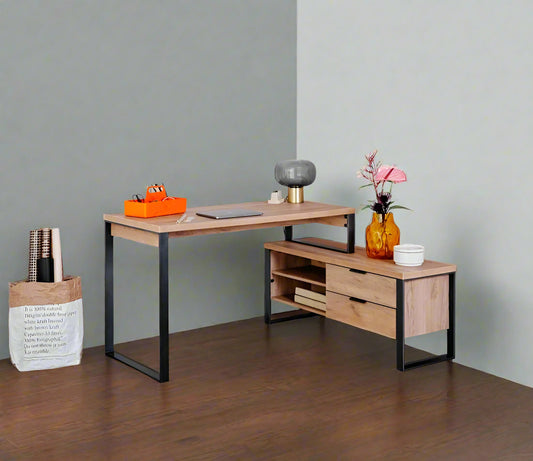 Elegant Look Solid Acacia Wood L-Shape With Side Cabinet Study & Office Table (Natural)