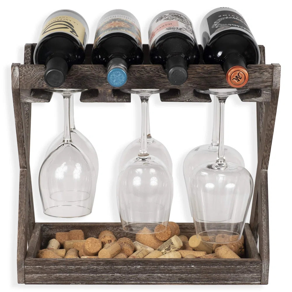 Adouer Wood "Rustic Soild Sheesham Wooden Wine Rack and Glass Holder with Cork Storage"