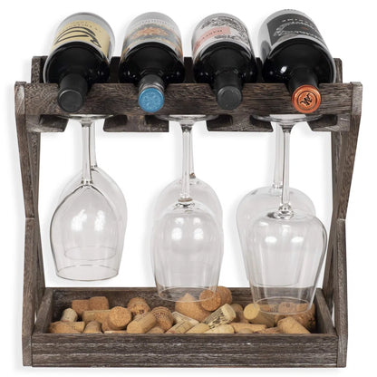 Adouer Wood "Rustic Soild Sheesham Wooden Wine Rack and Glass Holder with Cork Storage"
