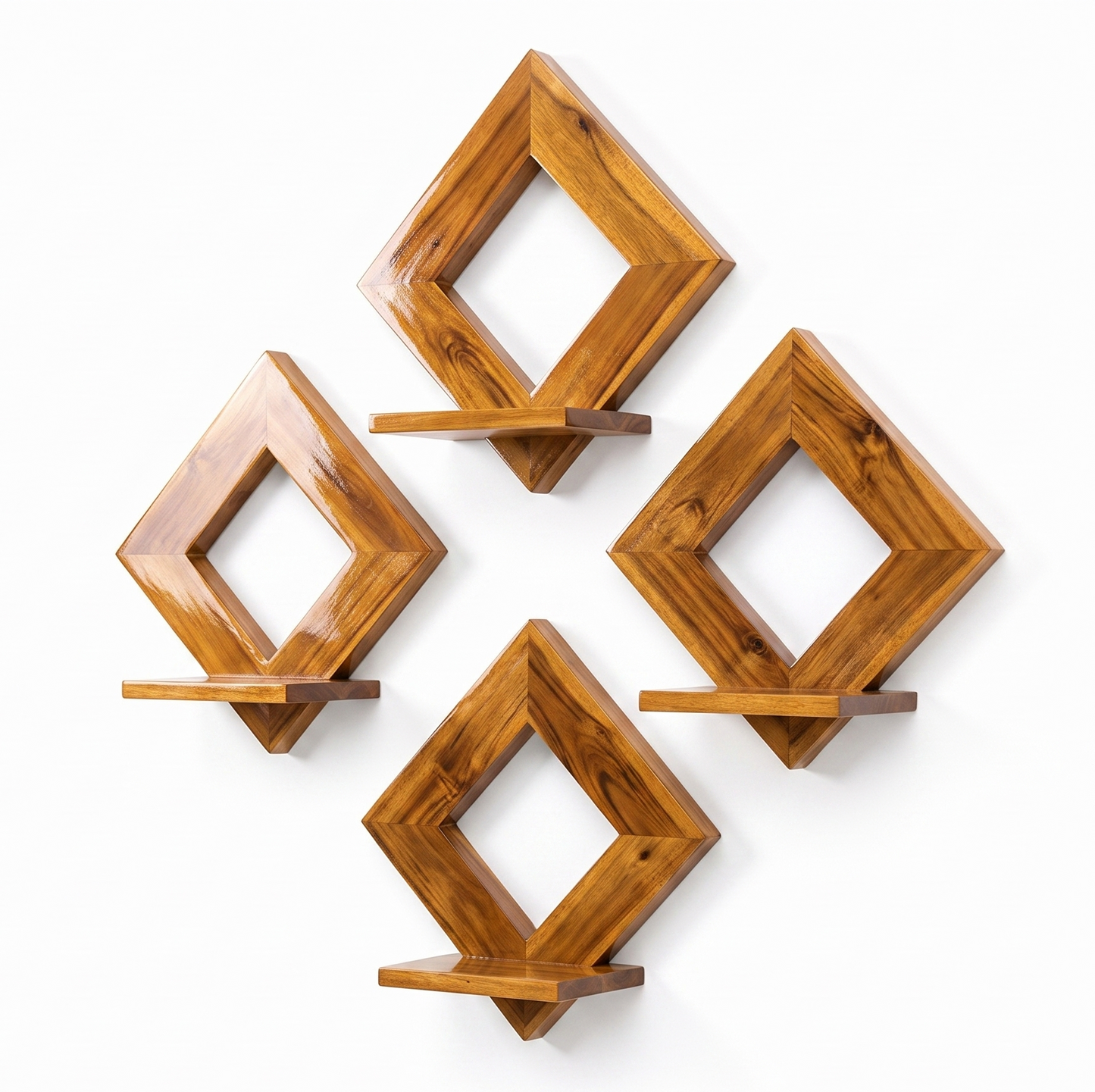 Set of four wooden wall shelves with diamond shapes on a white background