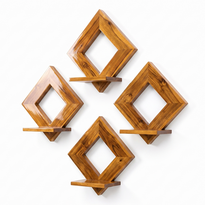 Set of four wooden wall shelves with diamond shapes on a white background