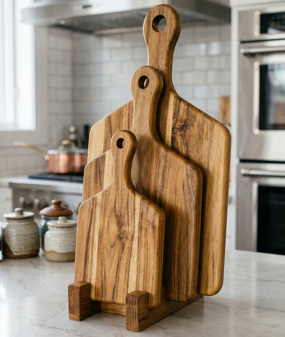 Set of wooden cutting boards on a kitchen counter