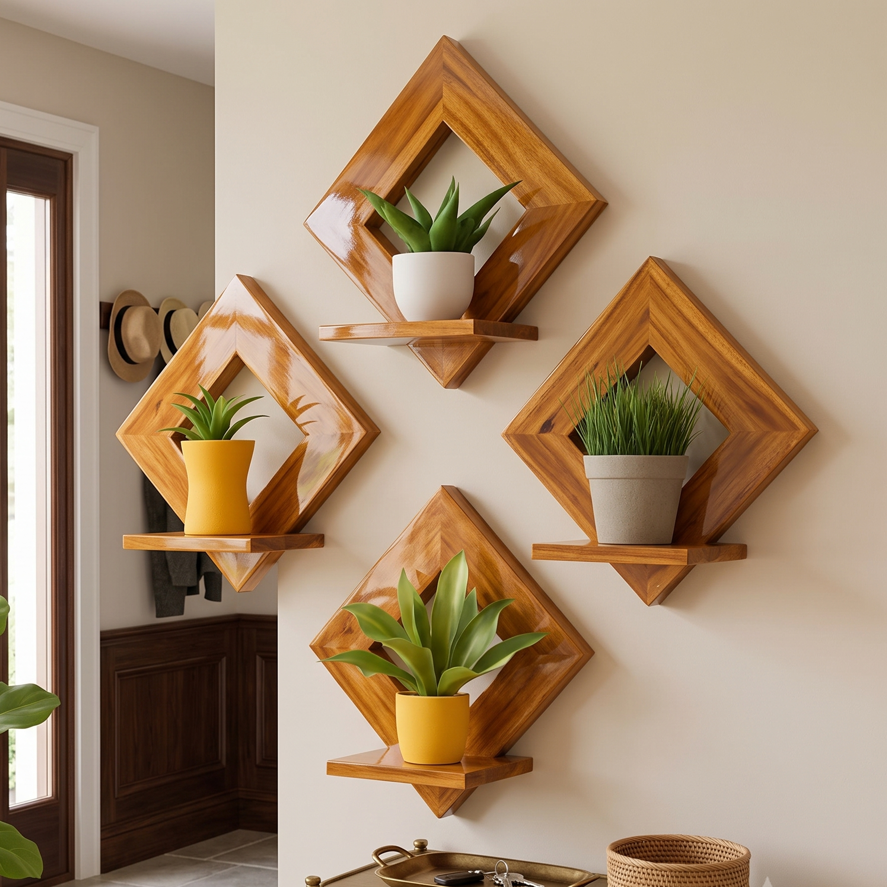 Set of wooden wall shelves with plants on a neutral wall.