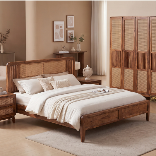ADOUER WOOD Contemporary Sheesham Wood Platform Bed Featuring Woven Cane Detail and Rounded Edges