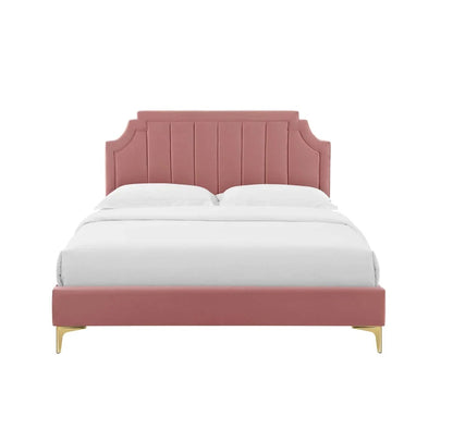 ADOUER WOOD Solid Frame Upholstered Bed With Antique Golden Leg For Bedroom, Without Storage