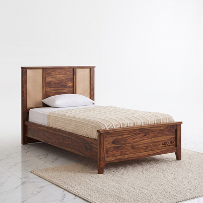 ADOUER WOOD Sheesham Wood Single Bed Frame with Woven Rattan Cane Headboard