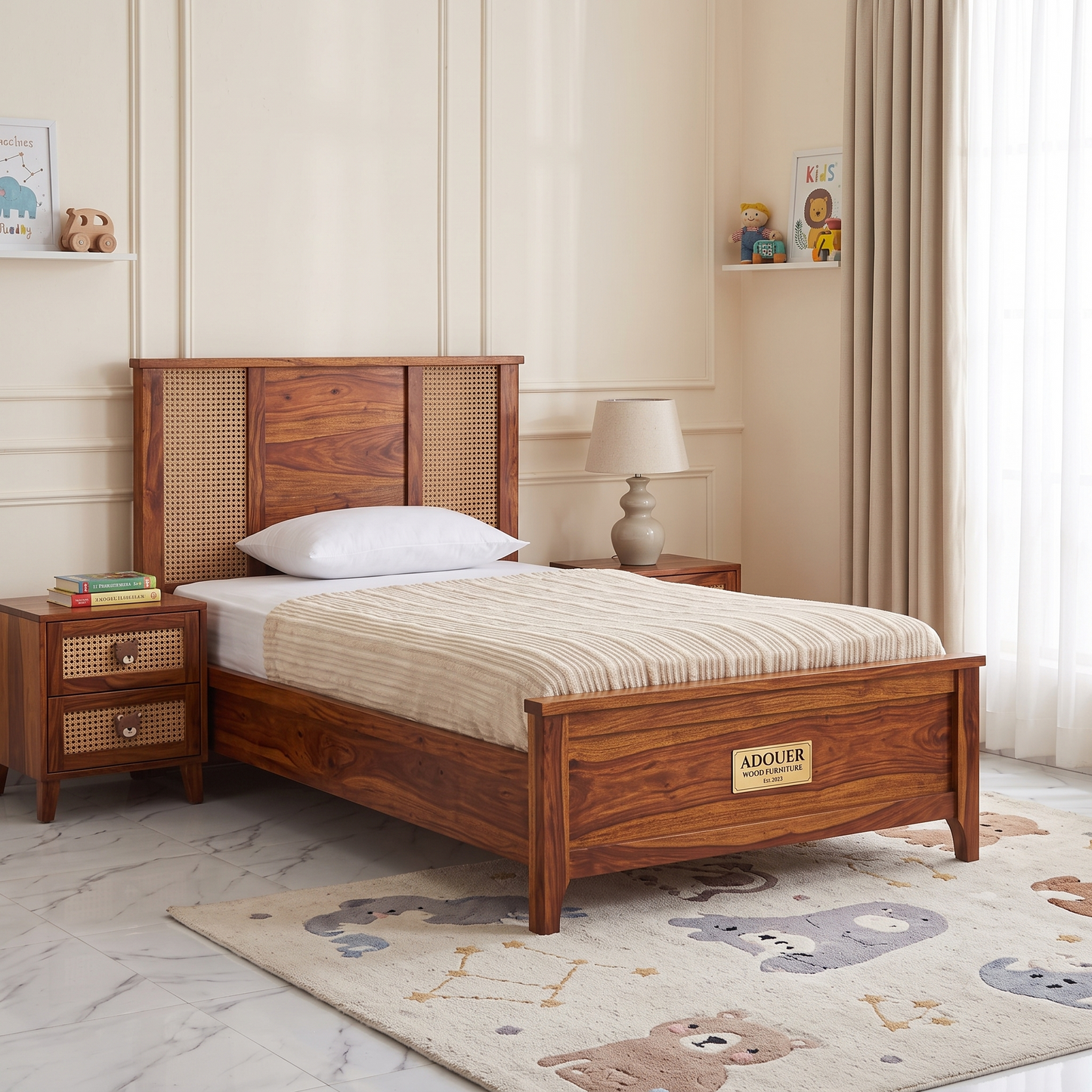 ADOUER WOOD Sheesham Wood Single Bed Frame with Woven Rattan Cane Headboard