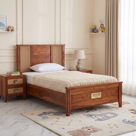 ADOUER WOOD Sheesham Wood Single Bed Frame with Woven Rattan Cane Headboard