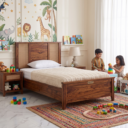 ADOUER WOOD Sheesham Wood Single Bed Frame with Woven Rattan Cane Headboard