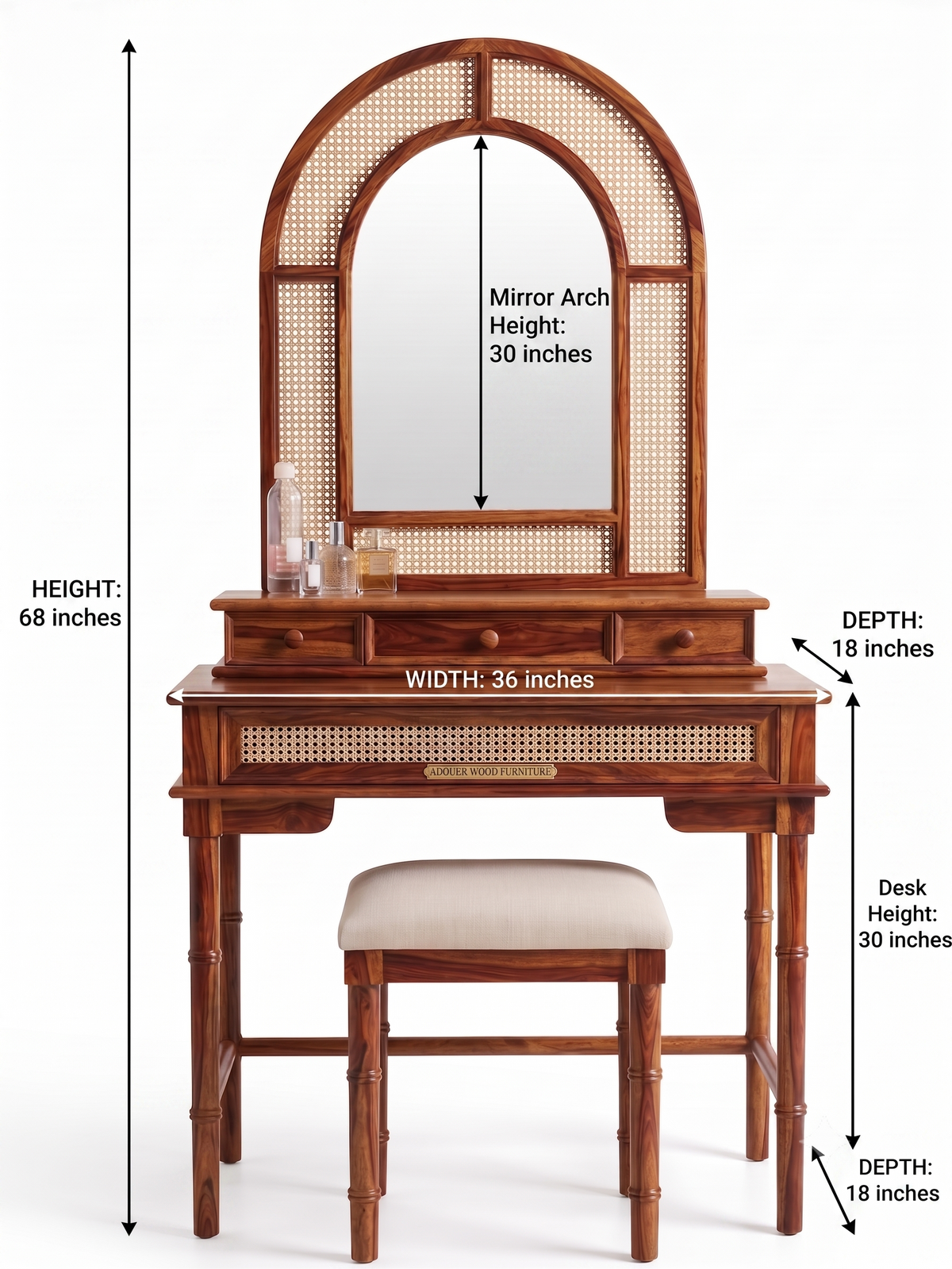 Solid Sheesham Wood Dressing Table with Arched Rattan Mirror & Cushioned Stool