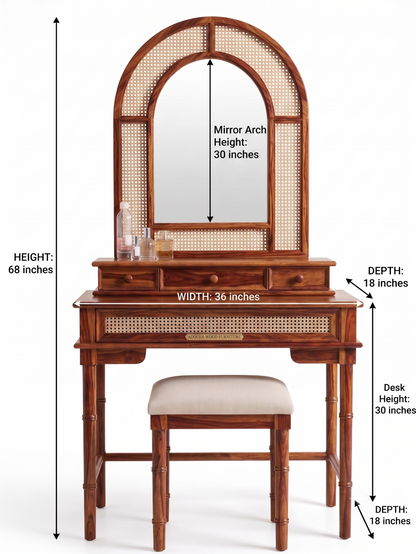 Solid Sheesham Wood Dressing Table with Arched Rattan Mirror & Cushioned Stool