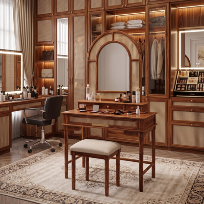 Solid Sheesham Wood Dressing Table with Arched Rattan Mirror & Cushioned Stool