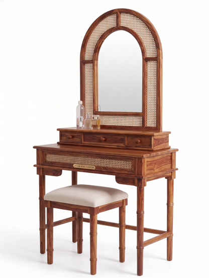 Solid Sheesham Wood Dressing Table with Arched Rattan Mirror & Cushioned Stool