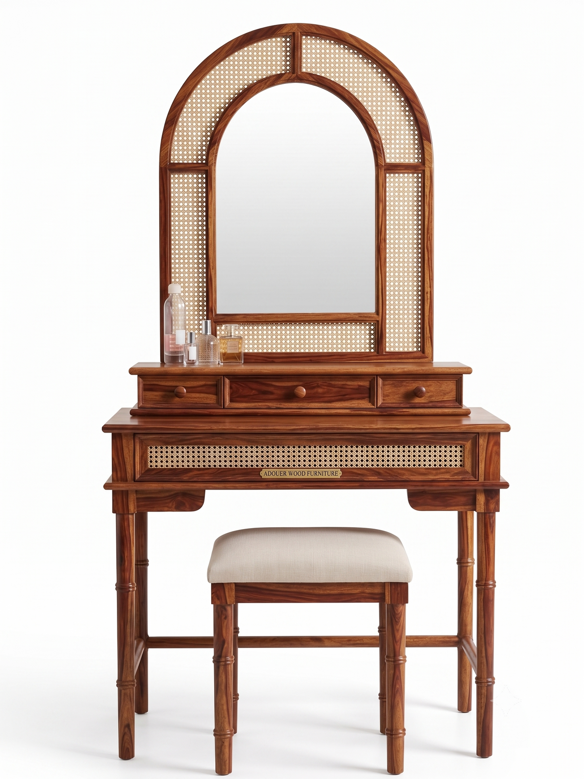Solid Sheesham Wood Dressing Table with Arched Rattan Mirror & Cushioned Stool