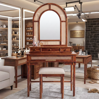 Solid Sheesham Wood Dressing Table with Arched Rattan Mirror & Cushioned Stool