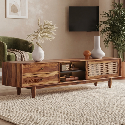 ADOUER WOOD Sheesham Wood  Solid Wood Rattan TV Stand & Media Console