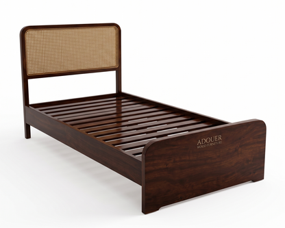 ADOUER WOOD Solid Wood Single Size Platform Bed Frame with Woven Rattan Webbing Headboard – Warm Walnut Finish
