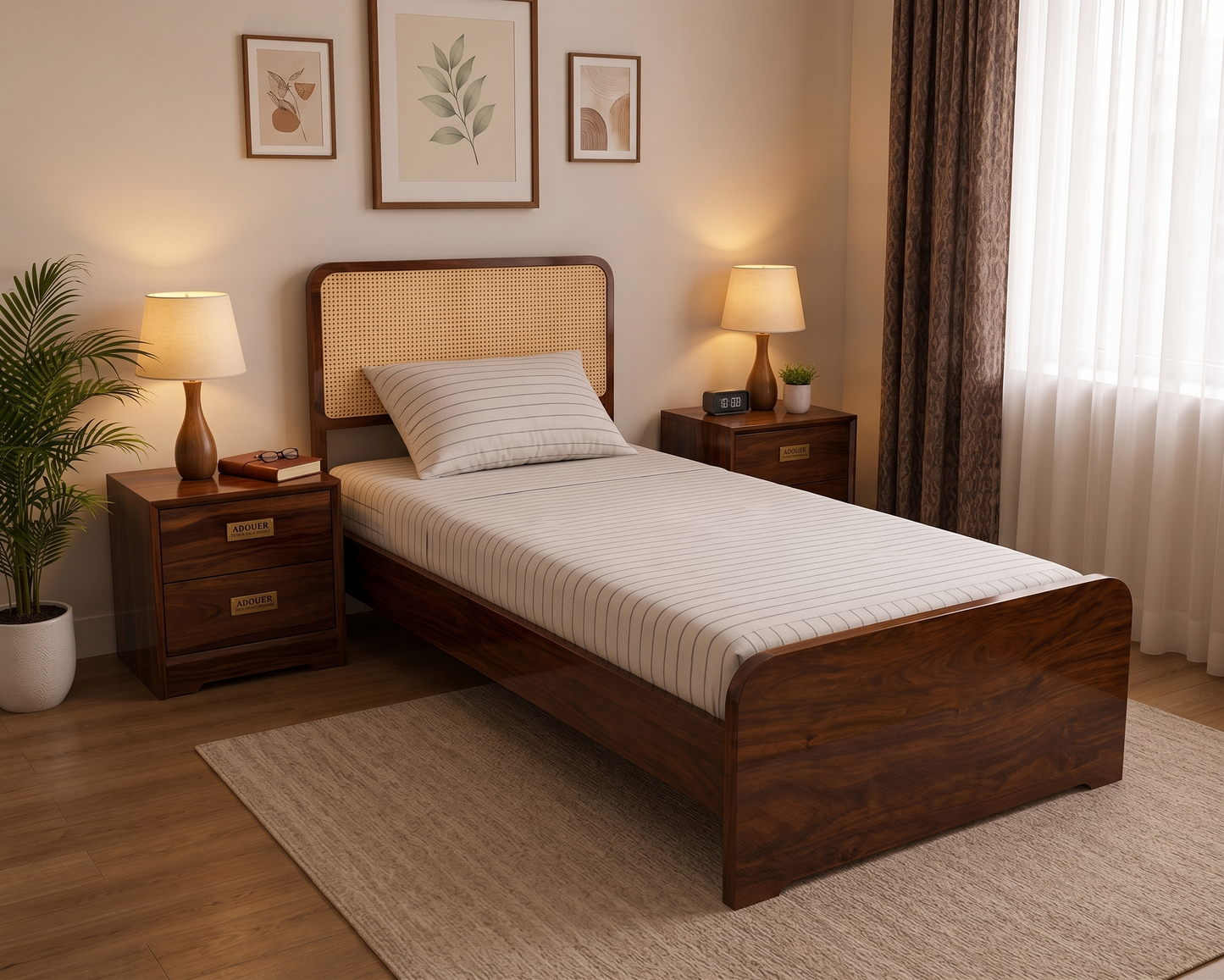 ADOUER WOOD Solid Wood Single Size Platform Bed Frame with Woven Rattan Webbing Headboard – Warm Walnut Finish