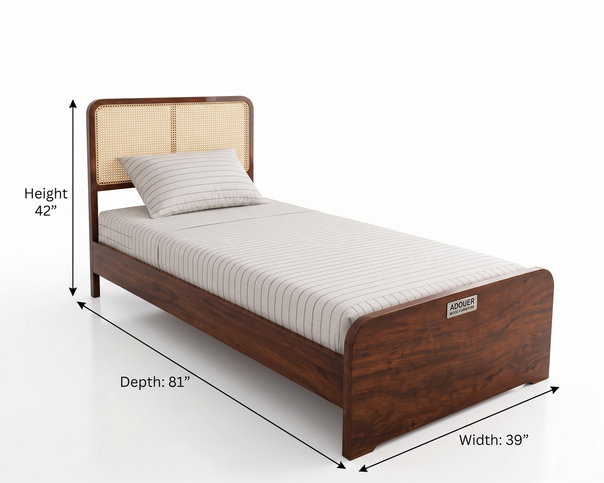 ADOUER WOOD Solid Wood Single Size Platform Bed Frame with Woven Rattan Webbing Headboard – Warm Walnut Finish