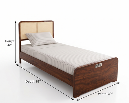 ADOUER WOOD Solid Wood Single Size Platform Bed Frame with Woven Rattan Webbing Headboard – Warm Walnut Finish