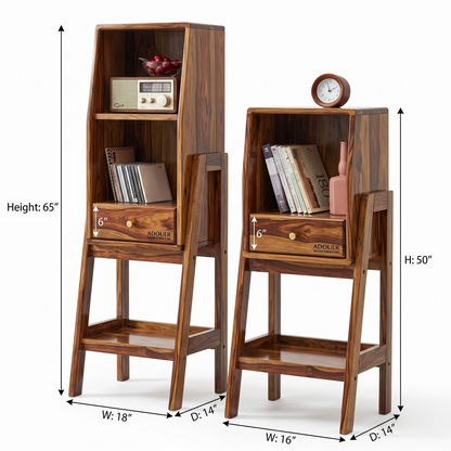 Adouer Wood Solid Wood Standing Bookshelf Unit with Storage Drawer & Bottom Shelf ( Set Of 2 Pcs ) – Mid-Century Modern Freestanding Display Rack & Nightstand