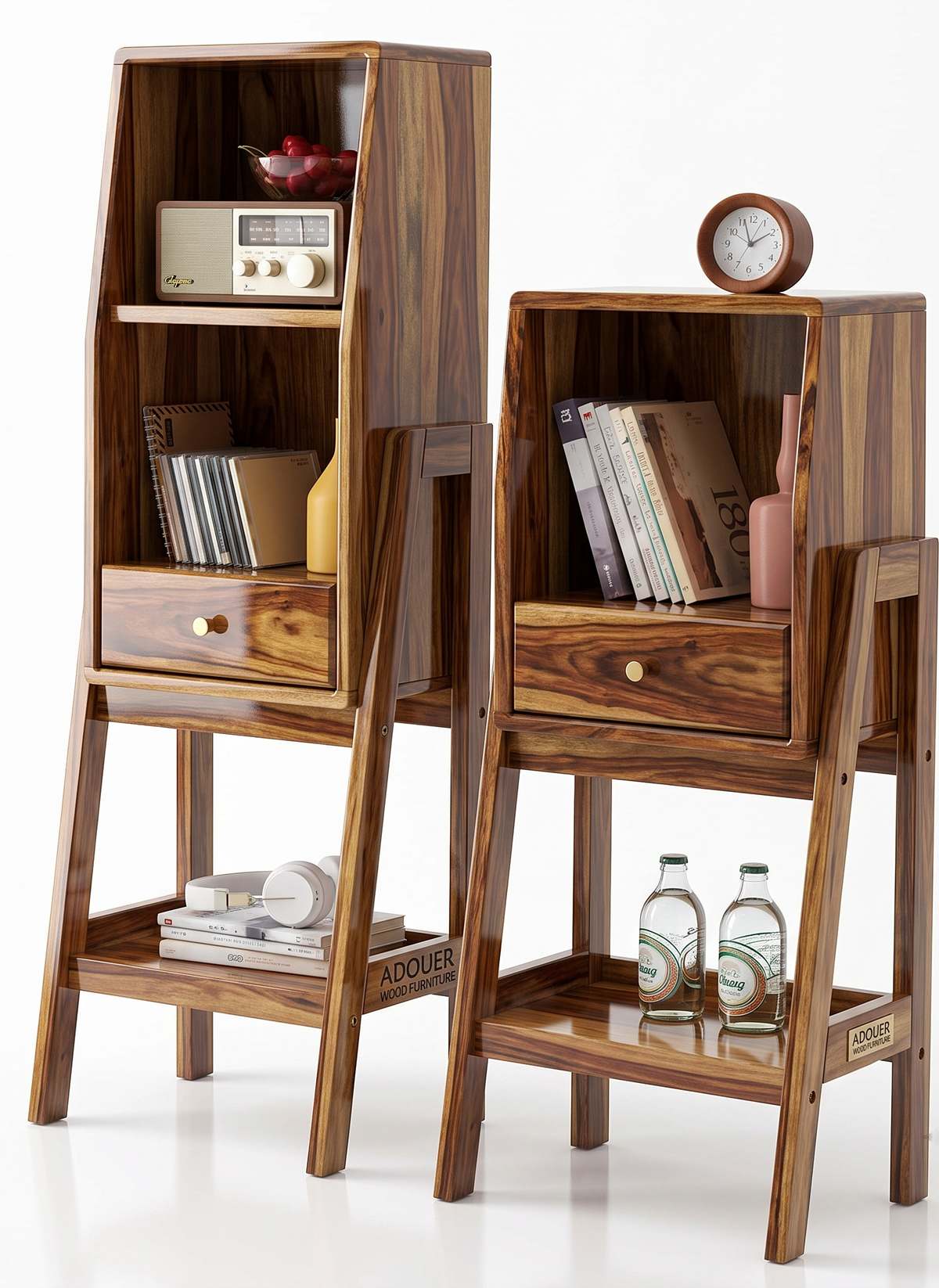 Adouer Wood Solid Wood Standing Bookshelf Unit with Storage Drawer & Bottom Shelf ( Set Of 2 Pcs ) – Mid-Century Modern Freestanding Display Rack & Nightstand