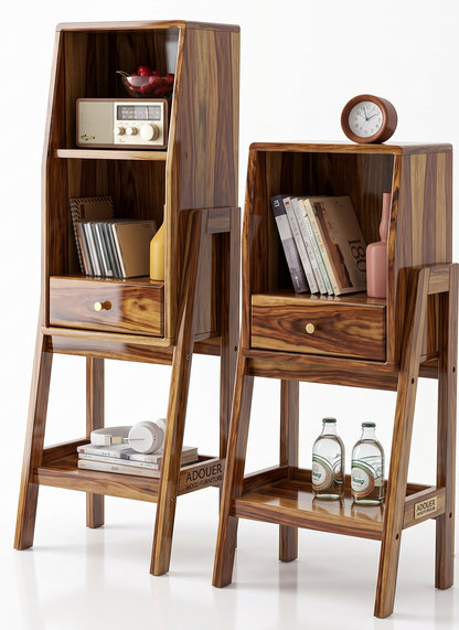 Adouer Wood Solid Wood Standing Bookshelf Unit with Storage Drawer & Bottom Shelf ( Set Of 2 Pcs ) – Mid-Century Modern Freestanding Display Rack & Nightstand
