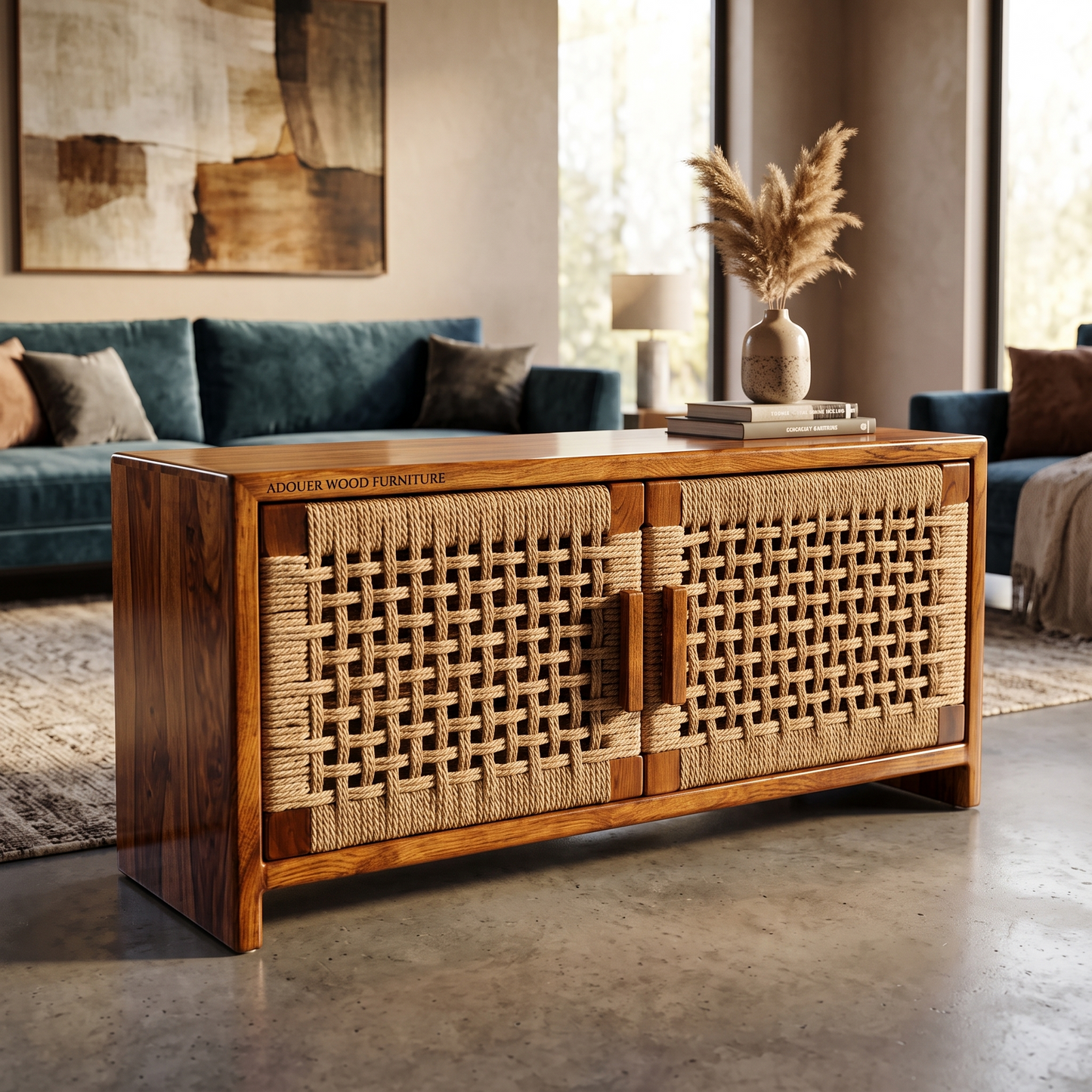 ADOUER WOOD Solid Wood TV Stand I Console Table with Woven Natural Jute/Rope Cabinet Doors
