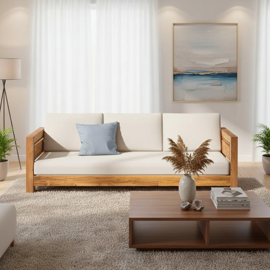 3 Seater Acacia Wood Sofa in Natural Finish with Velvet Upholstery