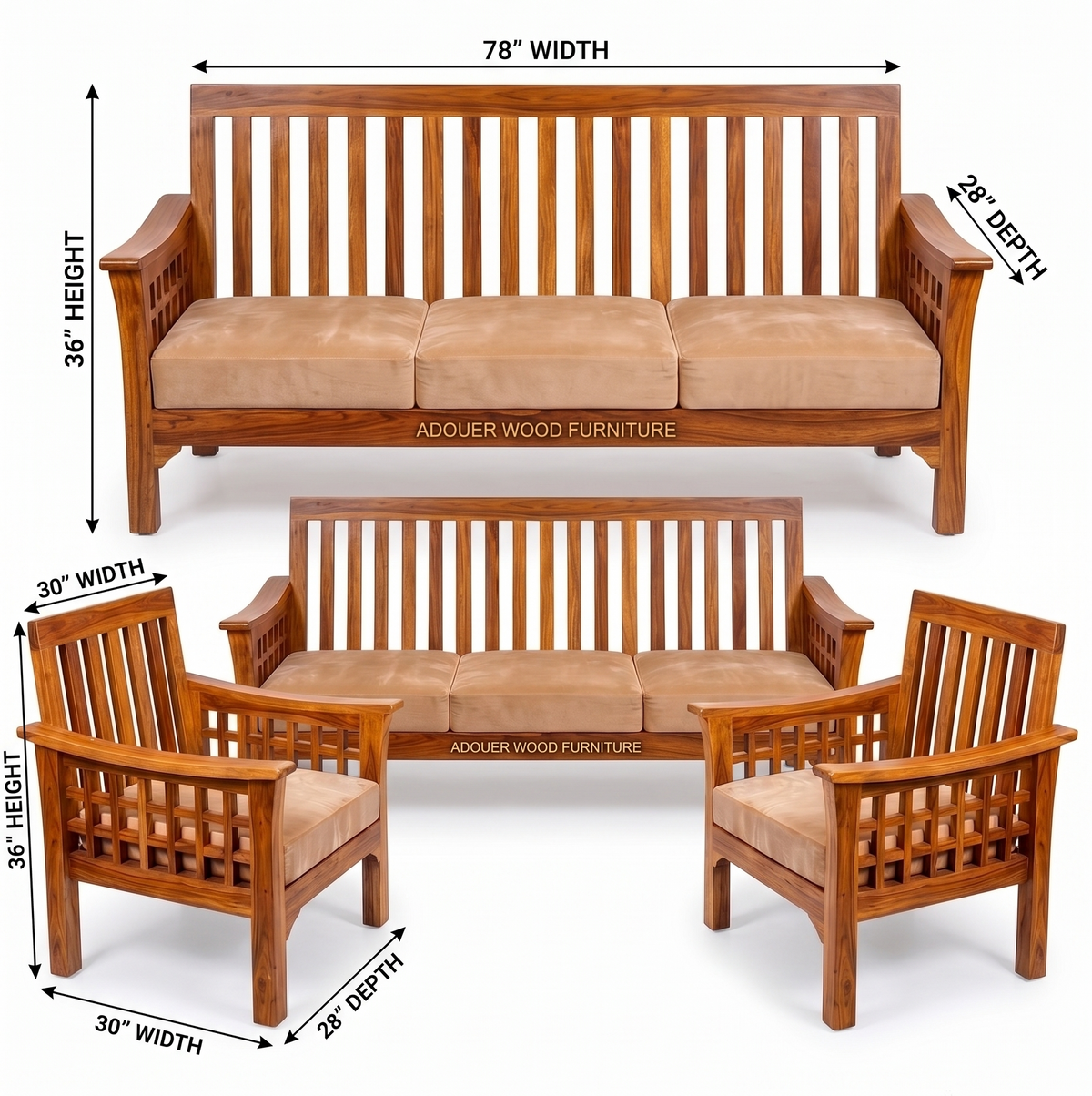 Wooden outdoor seating set shown with dimension callouts: a three-seat sofa, two matching armchairs, and overlaid measurements for width, height, and depth. The furniture has a warm medium-brown wood finish and tan cushions on a white background.