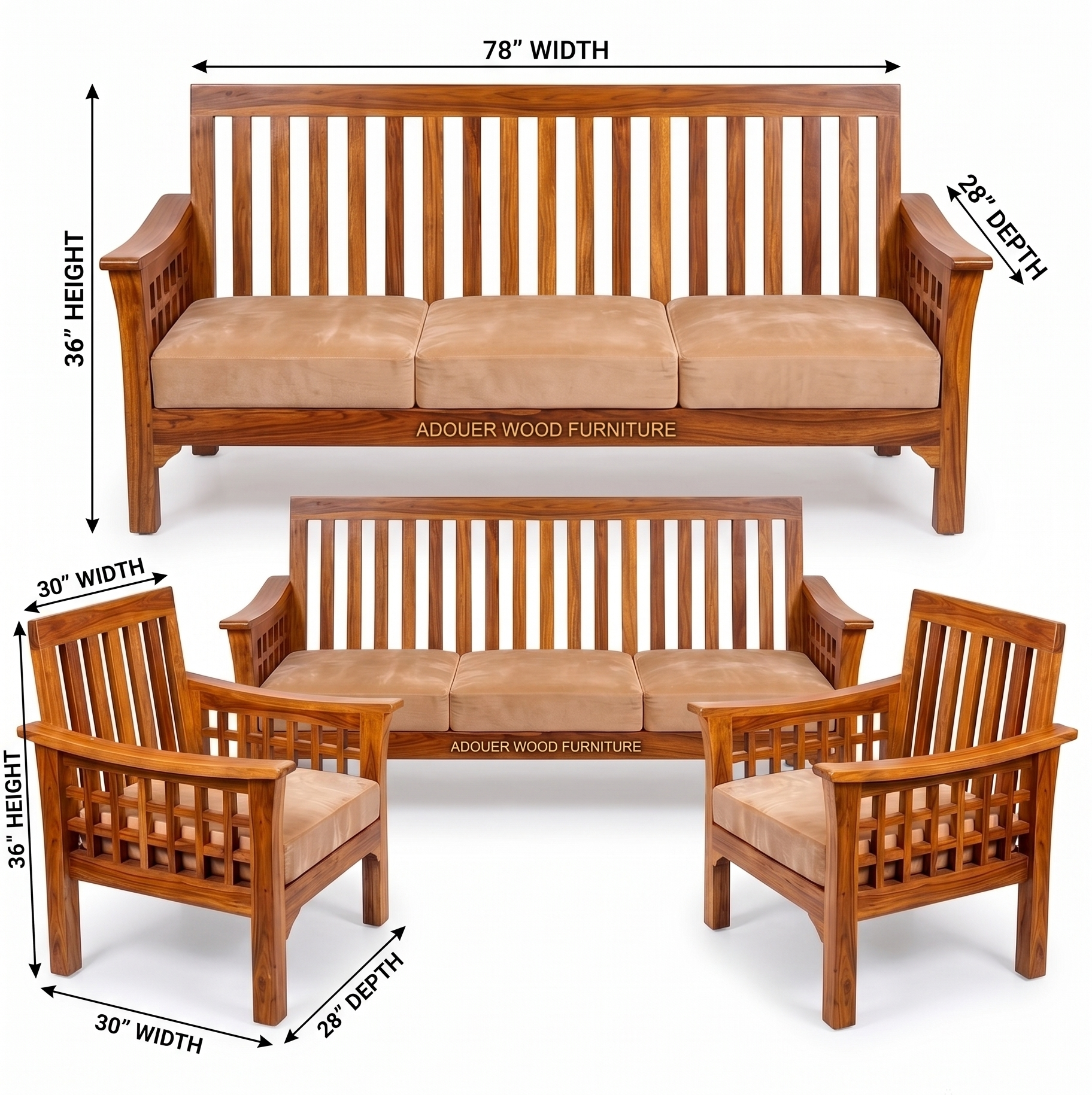 Wooden outdoor seating set shown with dimension callouts: a three-seat sofa, two matching armchairs, and overlaid measurements for width, height, and depth. The furniture has a warm medium-brown wood finish and tan cushions on a white background.