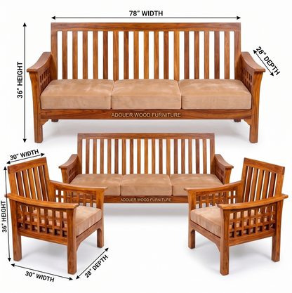Wooden outdoor seating set shown with dimension callouts: a three-seat sofa, two matching armchairs, and overlaid measurements for width, height, and depth. The furniture has a warm medium-brown wood finish and tan cushions on a white background.