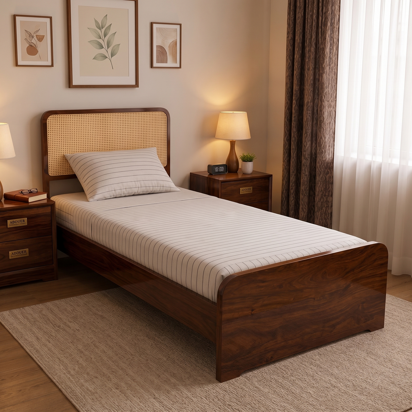 ADOUER WOOD Solid Wood Single Size Platform Bed Frame with Woven Rattan Webbing Headboard – Warm Walnut Finish