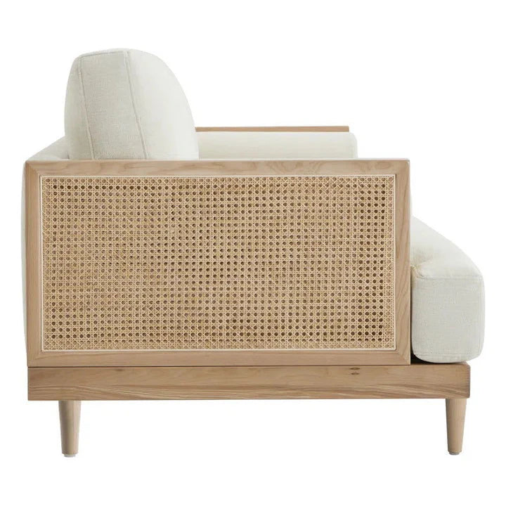 ADOUER WOOD "Mid-Century Solid Wood Cane Sofa with Cream Upholstery – Handcrafted 3-Seater for Home, Office & Hotel Lounge"