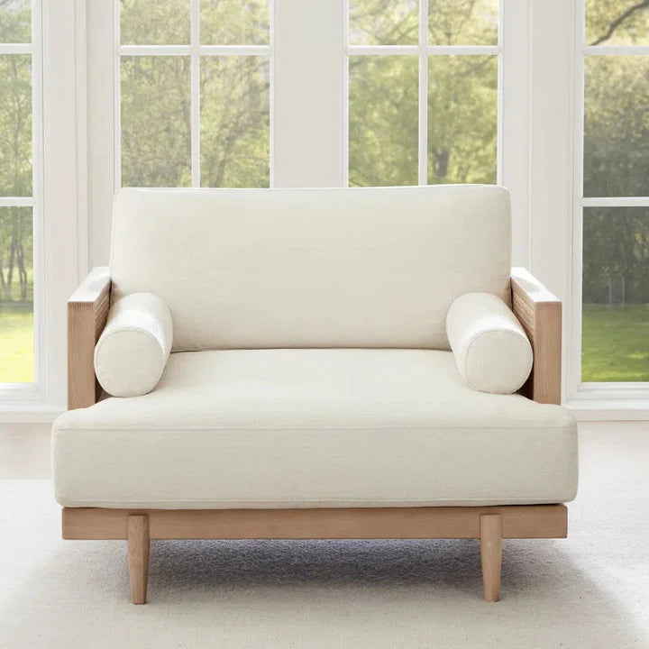 ADOUER WOOD "Mid-Century Solid Wood Cane Sofa with Cream Upholstery – Handcrafted 3-Seater for Home, Office & Hotel Lounge"