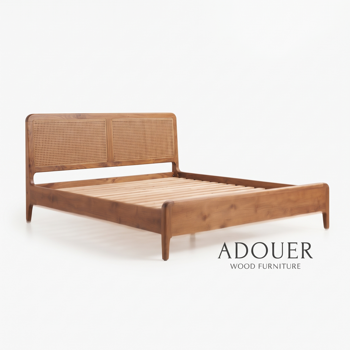 ADOUER WOOD Aurelia Solid Wood Platform Bed with Cane Headboard