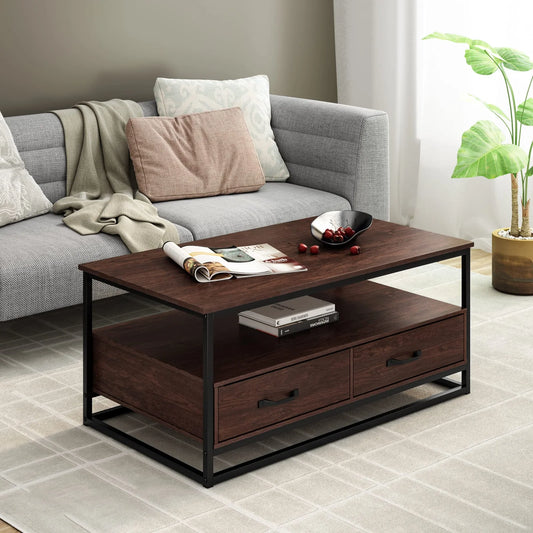 ADOUER WOOD Solid Sheesham Wood Metal Frame 2 Drawer Coffee Table (Walnut Finish)