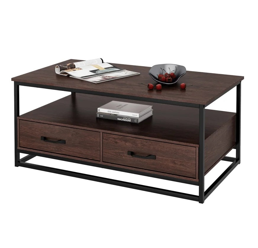 ADOUER WOOD Solid Sheesham Wood Metal Frame 2 Drawer Coffee Table (Walnut Finish)