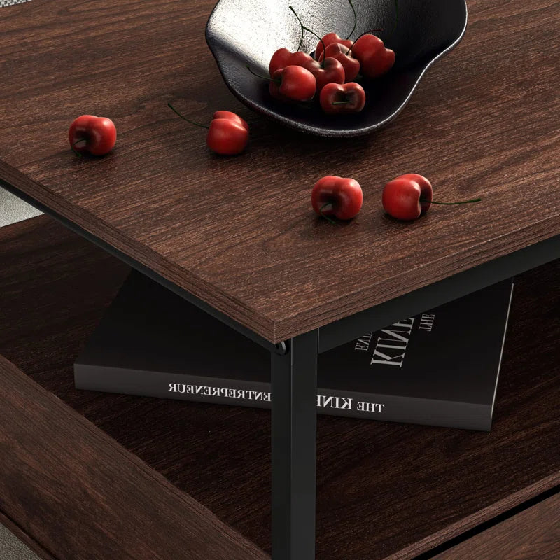 ADOUER WOOD Solid Sheesham Wood Metal Frame 2 Drawer Coffee Table (Walnut Finish)