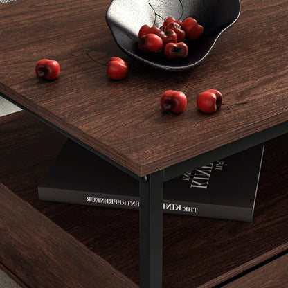 ADOUER WOOD Solid Sheesham Wood Metal Frame 2 Drawer Coffee Table (Walnut Finish)