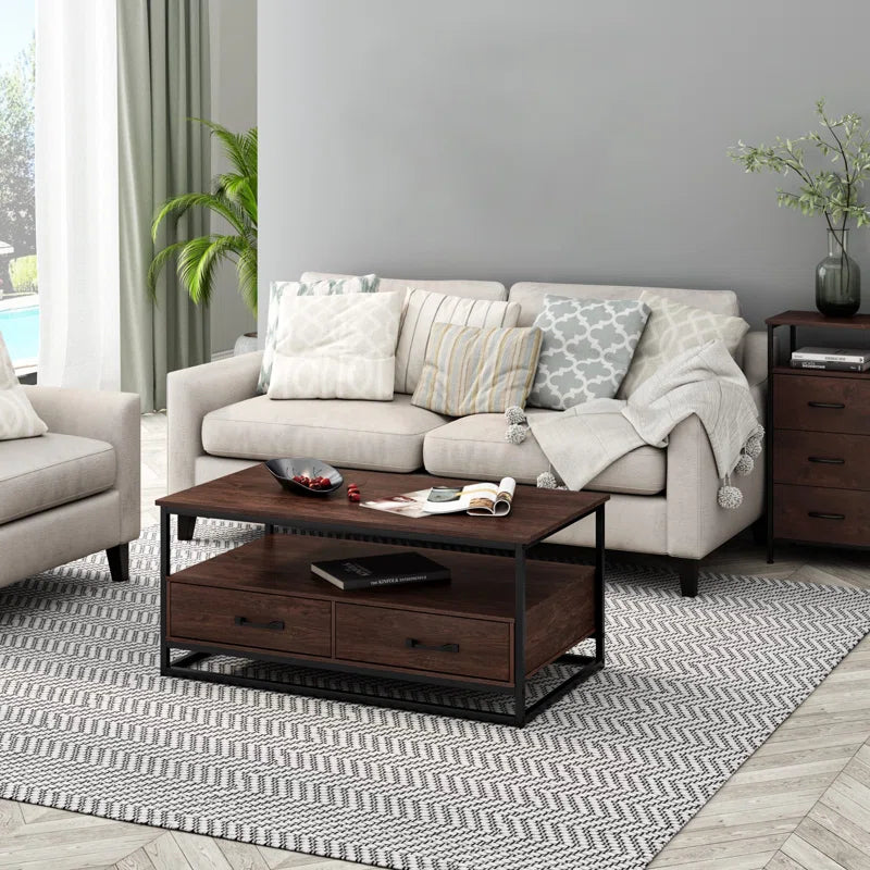 ADOUER WOOD Solid Sheesham Wood Metal Frame 2 Drawer Coffee Table (Walnut Finish)