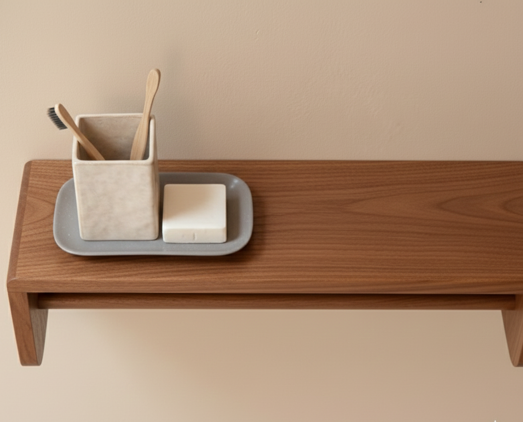 Solid Acacia Wood Floating Bathroom Shelf with Integrated Towel Holder (Set Of 2 Pcs)