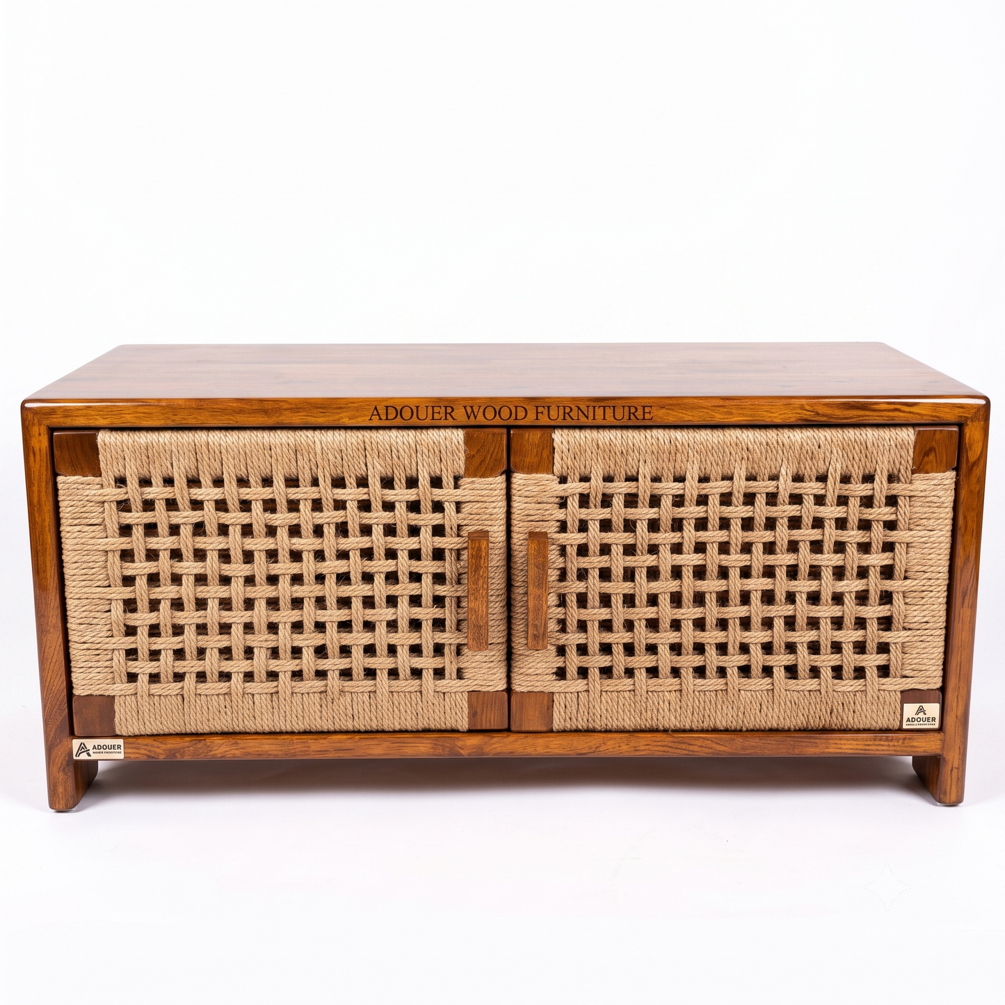 ADOUER WOOD Solid Wood TV Stand I Console Table with Woven Natural Jute/Rope Cabinet Doors