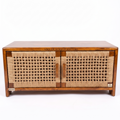 ADOUER WOOD Solid Wood TV Stand I Console Table with Woven Natural Jute/Rope Cabinet Doors