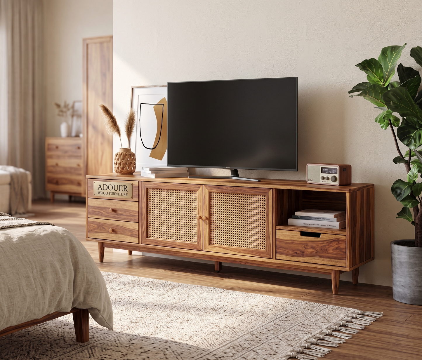 ADOUER WOOD Japandi TV Stand with Woven Rattan Doors & Multi-Drawer Storage