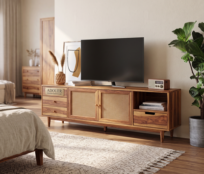 ADOUER WOOD Japandi TV Stand with Woven Rattan Doors & Multi-Drawer Storage