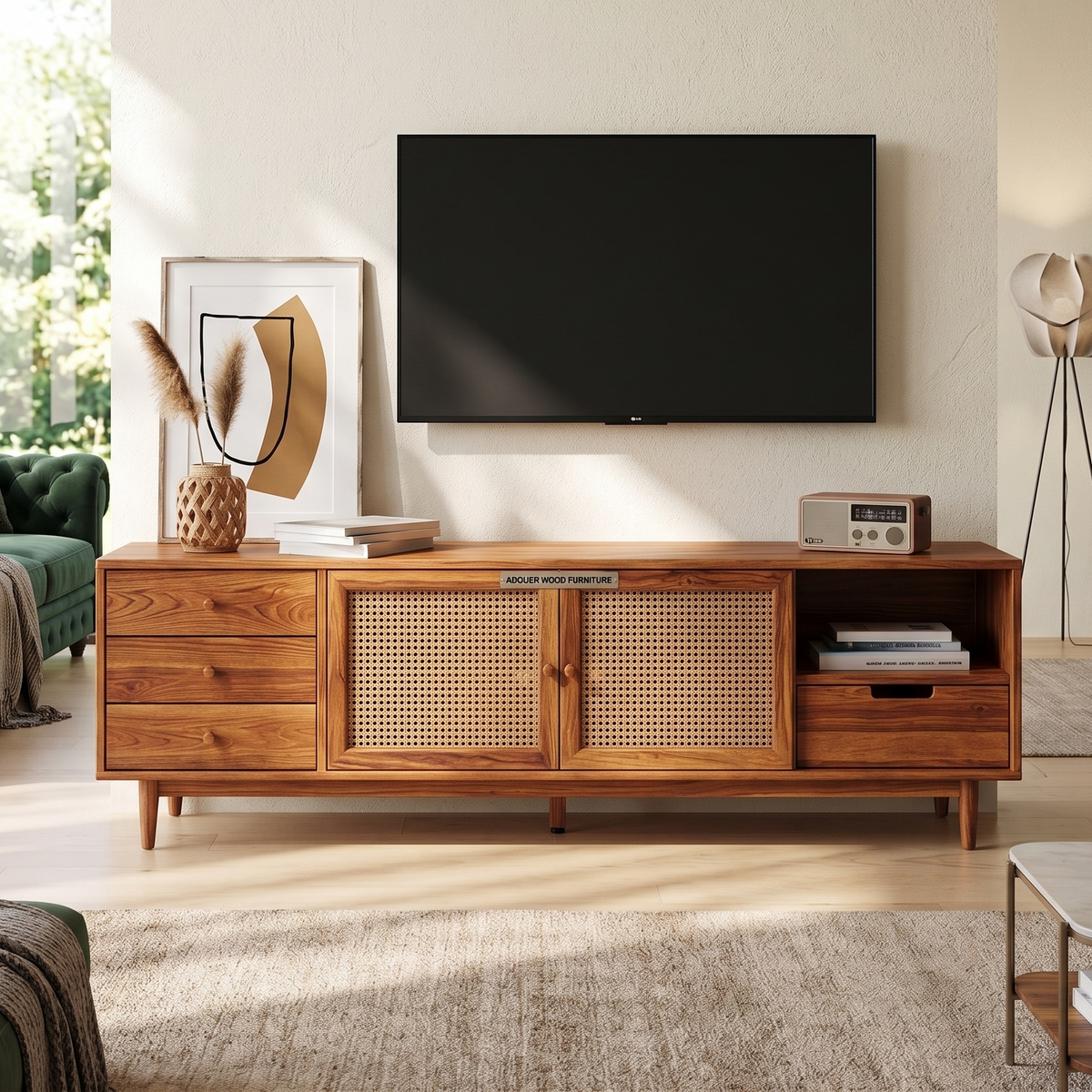 ADOUER WOOD Japandi TV Stand with Woven Rattan Doors & Multi-Drawer Storage