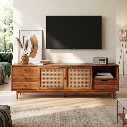 ADOUER WOOD Japandi TV Stand with Woven Rattan Doors & Multi-Drawer Storage