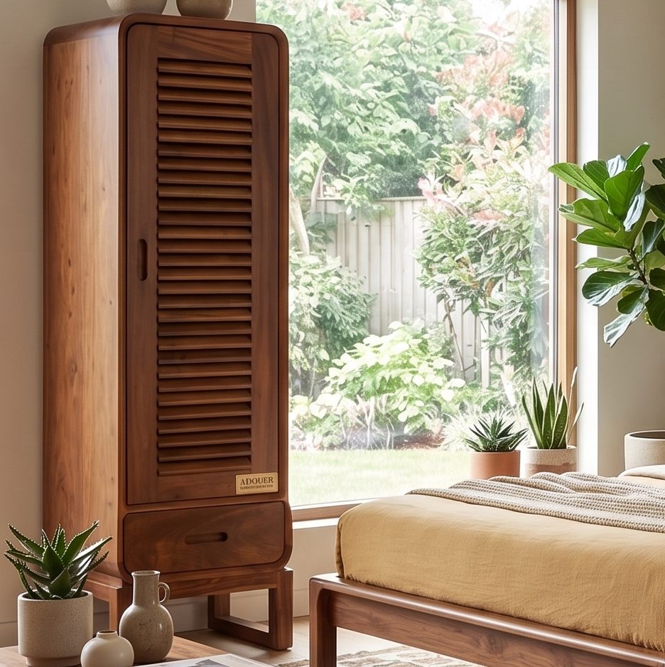 Mid-Century Solid Wood Louvered Tall Storage Cabinet with Drawer
