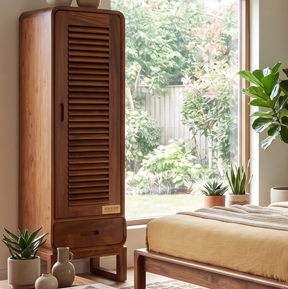 Mid-Century Solid Wood Louvered Tall Storage Cabinet with Drawer